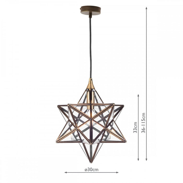 Dar ILA0175 ILARIO 1 Light Star Pendant Antique Brass Glass Small
