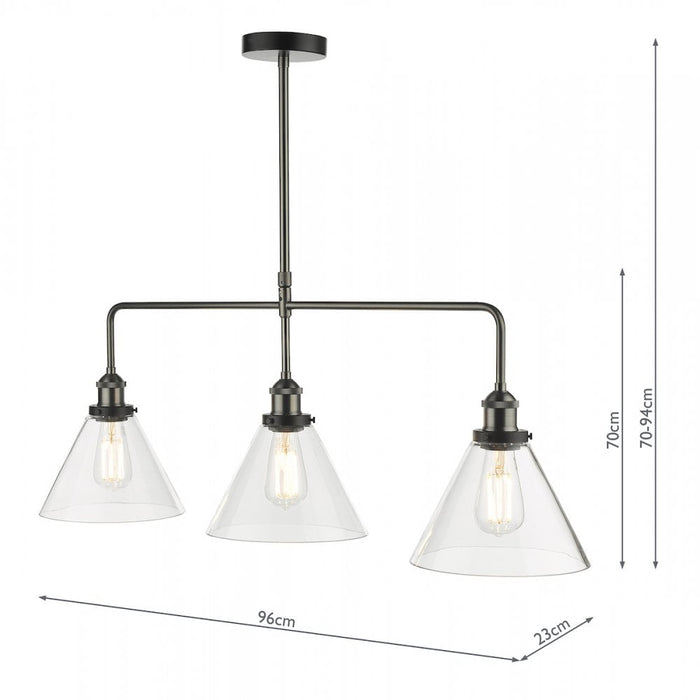 Dar RAY0338 Ray 3 Light Bar Pendant Antique Nickel Clear Glass