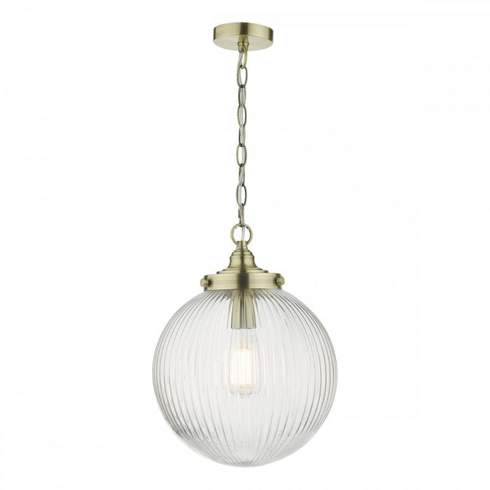 Dar TAM0175 Tamara 1 Light Single Pendant Antique Brass Ribbed Glass
