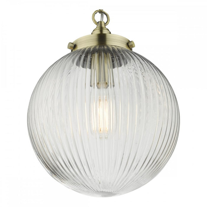 Dar TAM0175 Tamara 1 Light Single Pendant Antique Brass Ribbed Glass