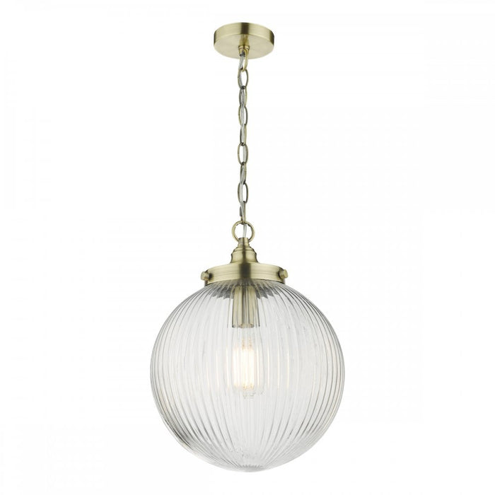 Dar TAM0175 Tamara 1 Light Single Pendant Antique Brass Ribbed Glass