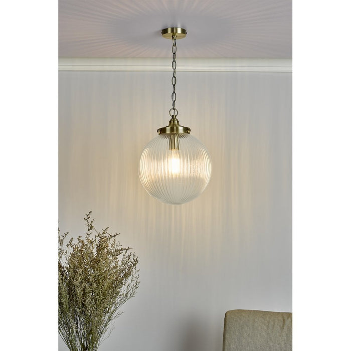 Dar TAM0175 Tamara 1 Light Single Pendant Antique Brass Ribbed Glass