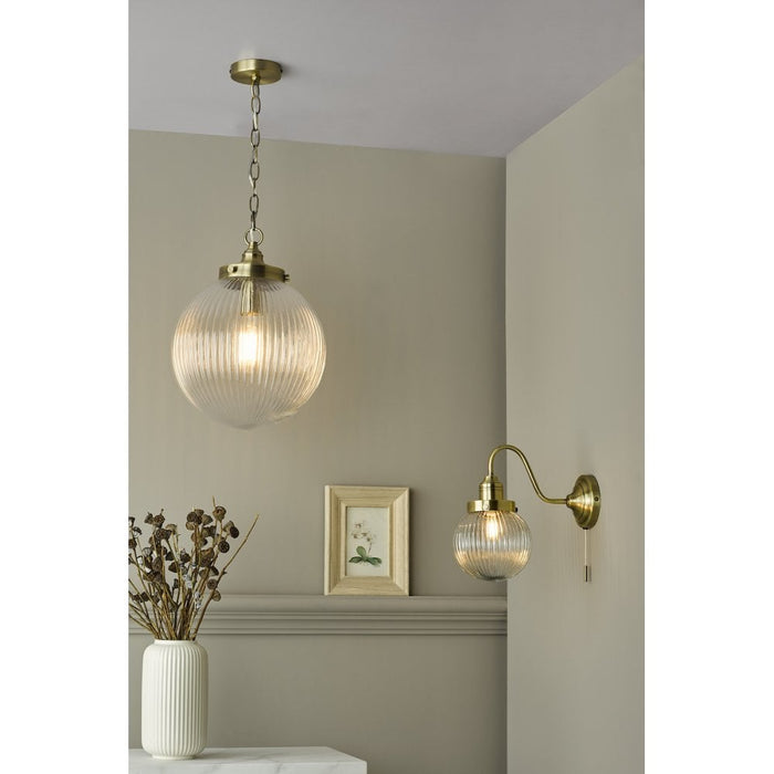 Dar TAM0175 Tamara 1 Light Single Pendant Antique Brass Ribbed Glass