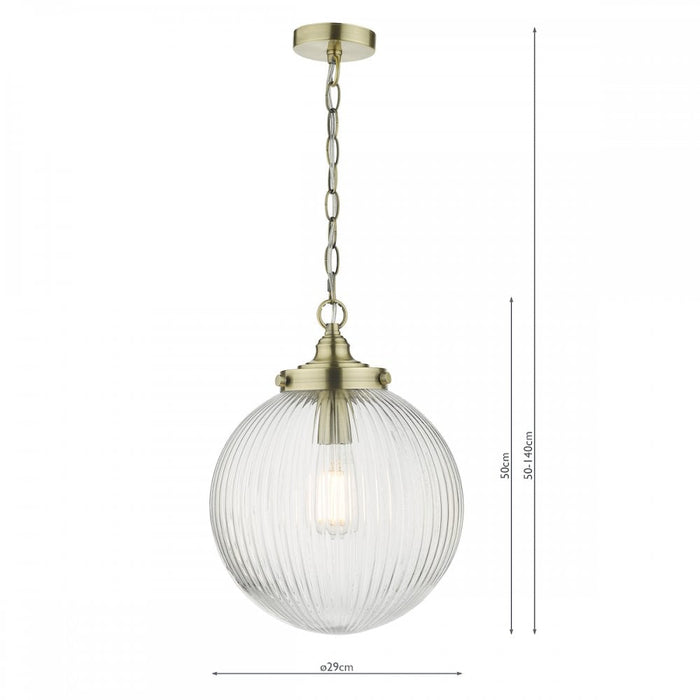 Dar TAM0175 Tamara 1 Light Single Pendant Antique Brass Ribbed Glass