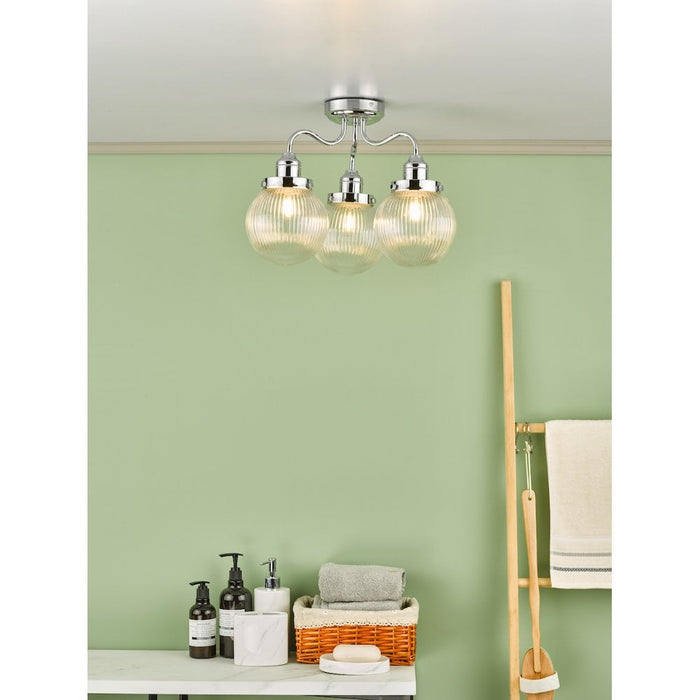 Dar TAM5350-IP44 Tamara 3 Light Bathroom Semi Flush Polished Chrome Ribbed Glass