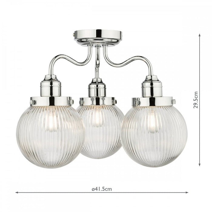 Dar TAM5350-IP44 Tamara 3 Light Bathroom Semi Flush Polished Chrome Ribbed Glass