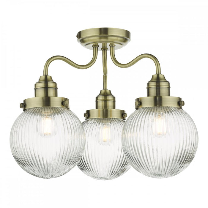 Dar TAM5375-IP44 Tamara 3 Light Bathroom Semi Flush Antique Brass Ribbed Glass