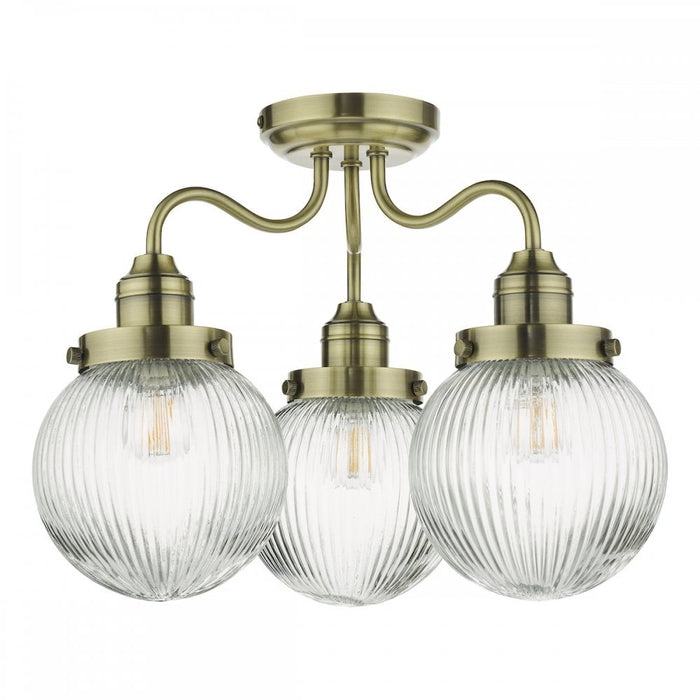 Dar TAM5375-IP44 Tamara 3 Light Bathroom Semi Flush Antique Brass Ribbed Glass