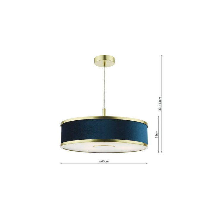 Dar ALV1023 Alvaro 3 Light Pendant Brushed Brass With Blue Shade