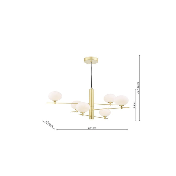 Dar JAS0635 Jasper 6 Light Pendant Satin Gold and Opal Glass