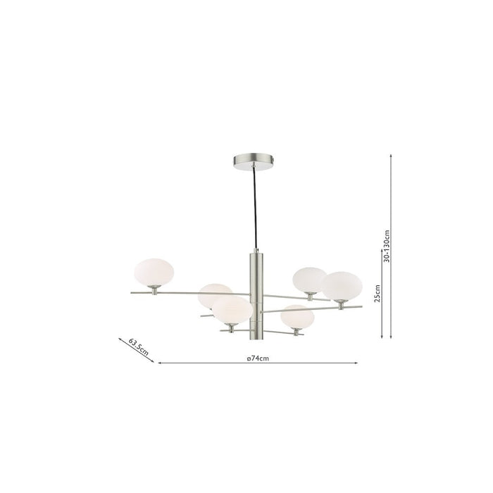 Dar JAS0646 Jasper 6 Light Pendant Satin Nickel and Opal Glass