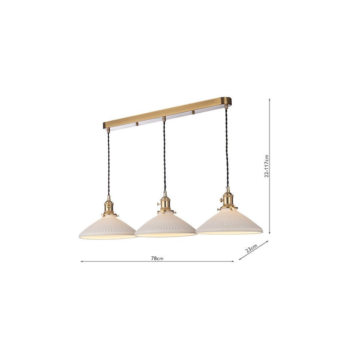 Dar Wisebuys HAD3640-10 Hadano 3 Light Bar Pendant Natural Brass & Ceramic Shallow Shade