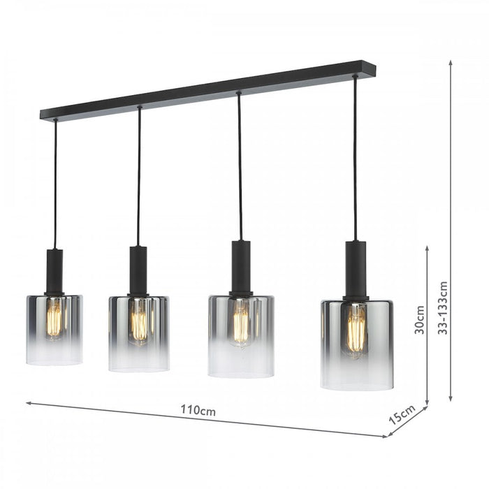 Dar SAV0422 Savannah 4 Light Bar Pendant Matt Black and Smoked Glass
