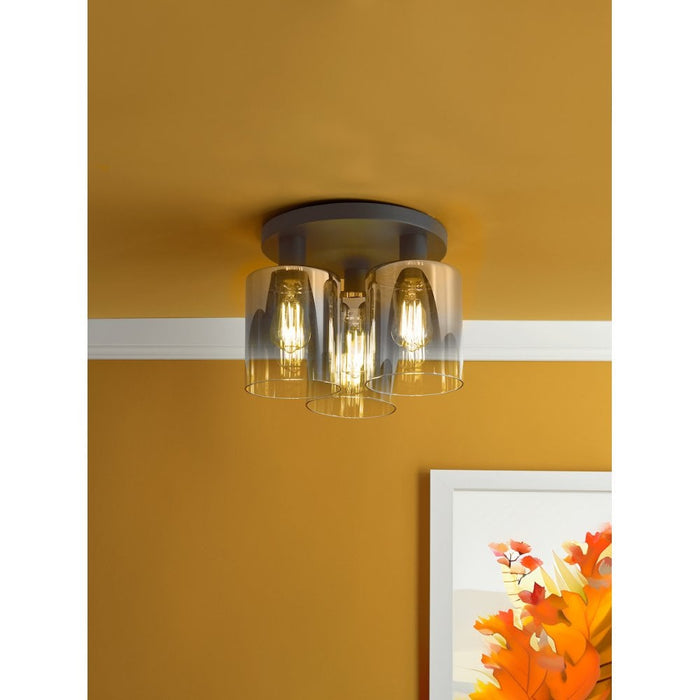 Dar SAV5322 Savannah 3 Light Flush Matt Black and Smoked Glass