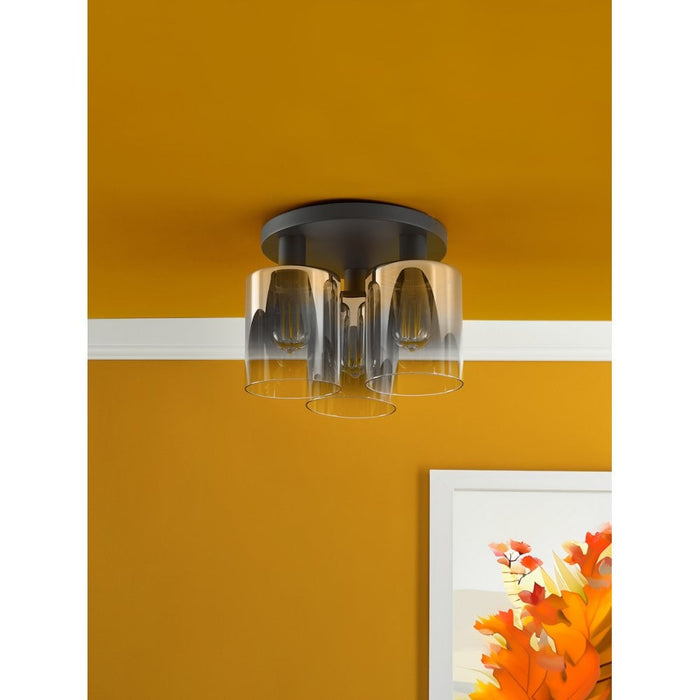 Dar SAV5322 Savannah 3 Light Flush Matt Black and Smoked Glass