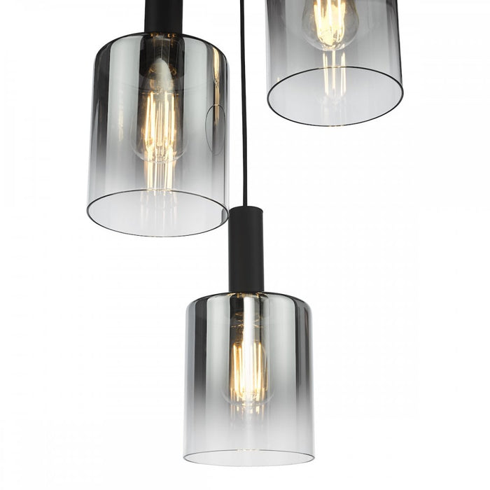 Dar SAV8822 Savannah 3 Light Cluster Pendant Matt Black and Smoked Glass