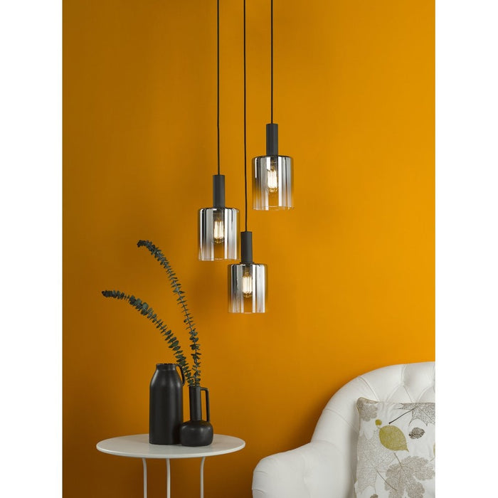 Dar SAV8822 Savannah 3 Light Cluster Pendant Matt Black and Smoked Glass
