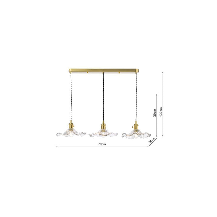 Dar Wisebuys HAD3640-12 Hadano 3 Light Bar Pendant Natural Brass and Wavy Glass