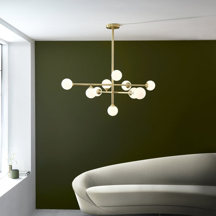 Endon 106754 10 Light Pendant Satin Brass Plate & Gloss White Glass