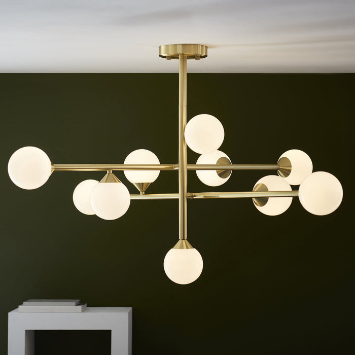 Endon 106754 10 Light Pendant Satin Brass Plate & Gloss White Glass