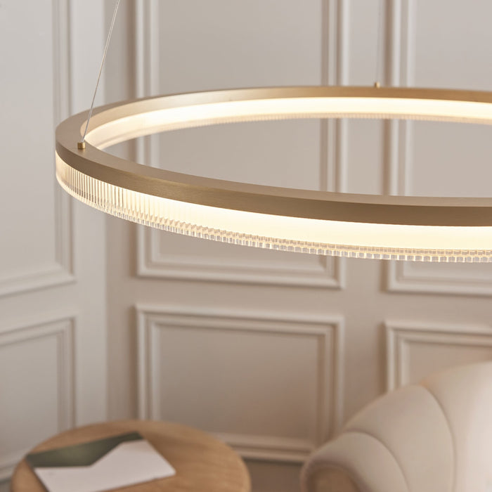 Endon 120549 LED Pendant Brushed Gold Plated Finish & Opal Ribbed Acrylic