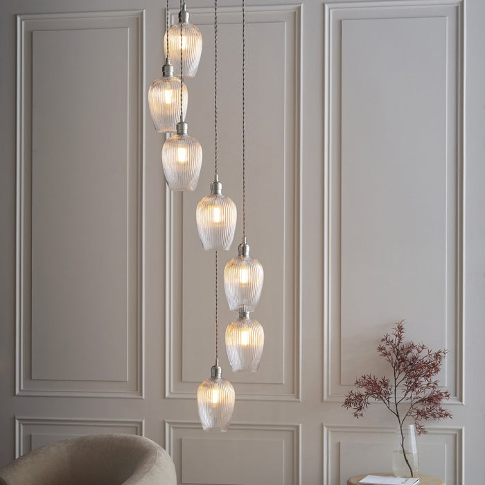 Endon 120650 7 Light Pendant Bright Nickel Plate & Clear Ribbed Glass