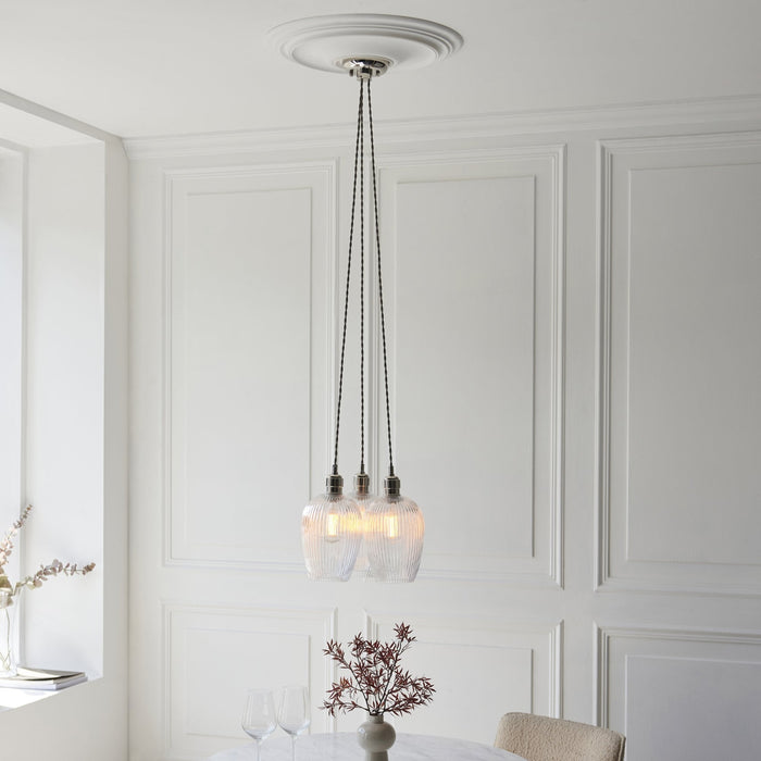 Endon 120652 3 Light Pendant Bright Nickel Plate & Clear Ribbed Glass