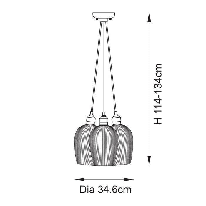 Endon 120652 3 Light Pendant Bright Nickel Plate & Clear Ribbed Glass