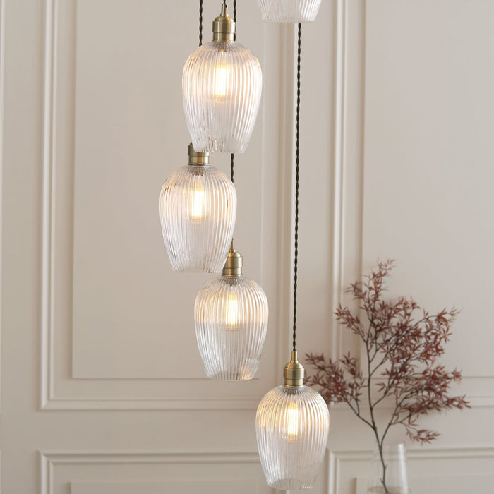 Endon 120654 7 Light Pendant Antique Brass Plate & Clear Ribbed Glass