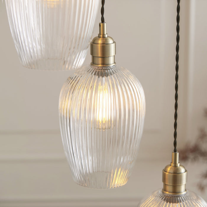 Endon 120654 7 Light Pendant Antique Brass Plate & Clear Ribbed Glass