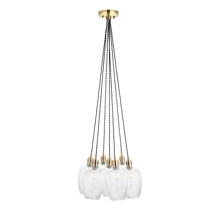 Endon 120655 7 Light Pendant Antique Brass Plate & Clear Ribbed Glass