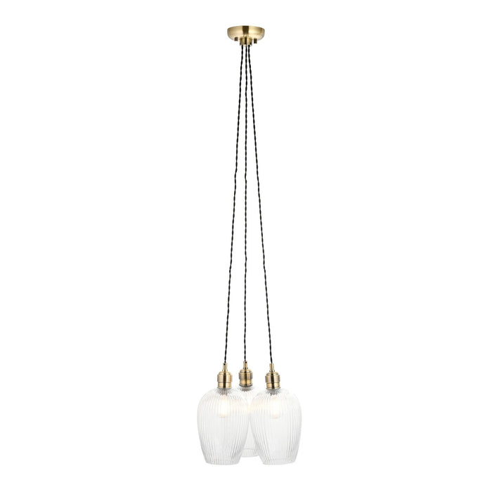Endon 120656 3 Light Pendant Antique Brass Plate & Clear Ribbed Glass