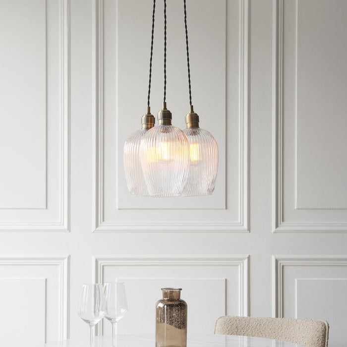 Endon 120656 3 Light Pendant Antique Brass Plate & Clear Ribbed Glass