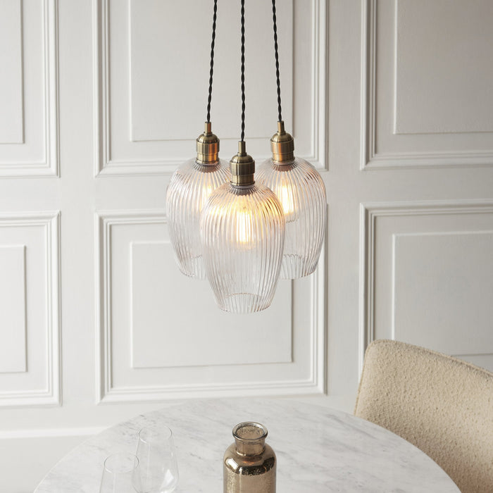 Endon 120656 3 Light Pendant Antique Brass Plate & Clear Ribbed Glass