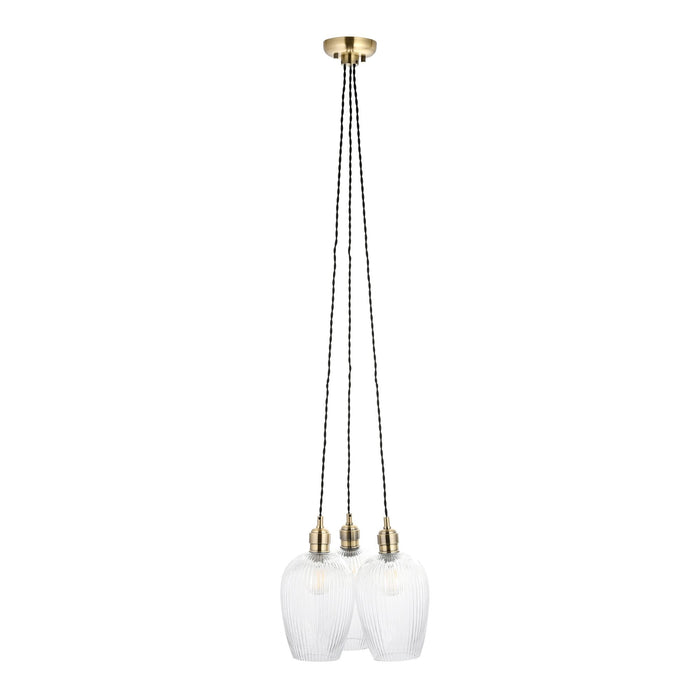 Endon 120656 3 Light Pendant Antique Brass Plate & Clear Ribbed Glass