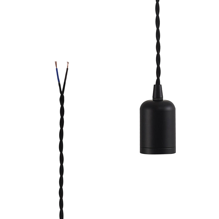 Nelson Lighting NL91489 Apollo E27 (Max 60W) Lampholder Black With 3m Black Braided Twisted Cable & Deeper Shade Ring