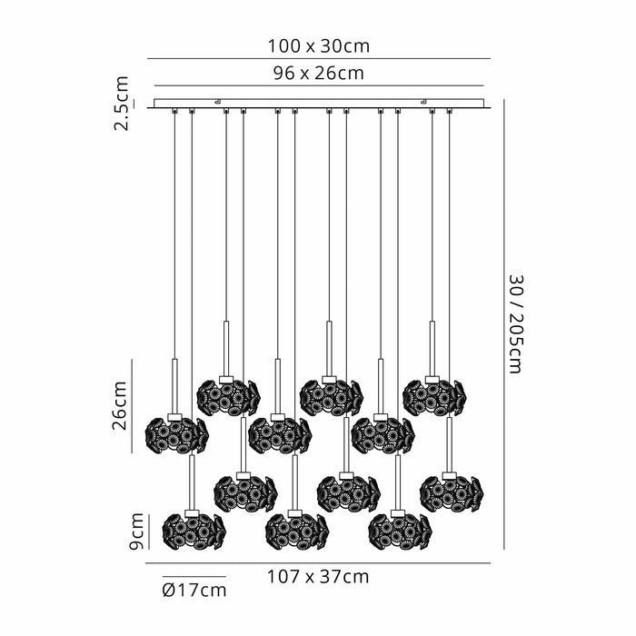 Nelson Lighting NLK08999 Bulge 12 Light Linear Pendant French Gold Crystal