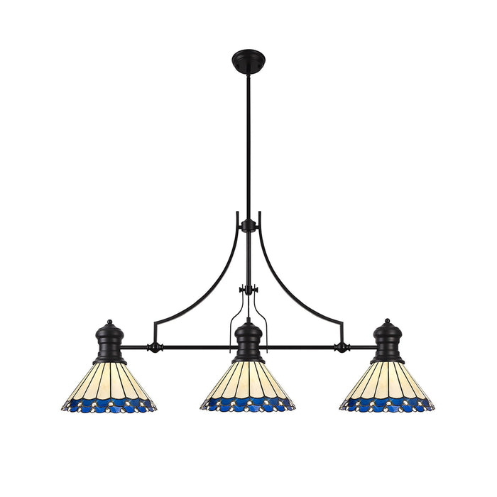 Nelson Lighting NLK15189 Louis, Umbrian 3 Light Linear Pendant Matt Black Blue/Cream