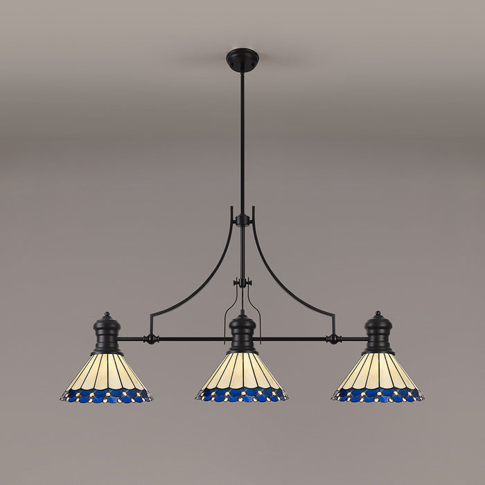 Nelson Lighting NLK15189 Louis, Umbrian 3 Light Linear Pendant Matt Black Blue/Cream