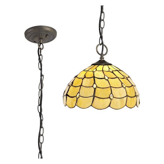 Nelson Lighting NLK00399 Chrisy 3 Light Down Lighter Pendant With 30cm Tiffany Shade Beige/Clear Crystal/Aged Antique Brass