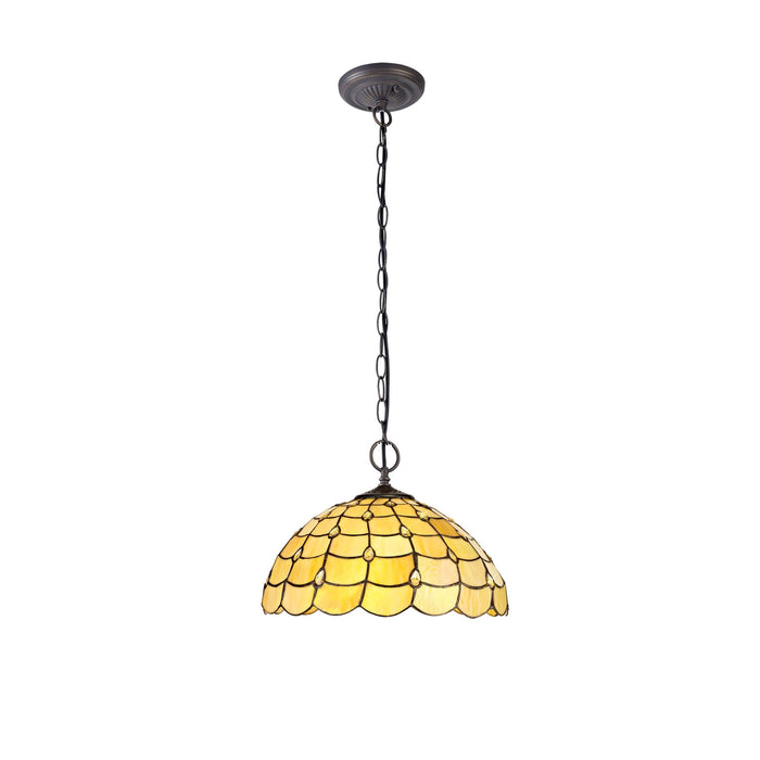 Nelson Lighting NLK00489 Chrisy 2 Light Down Lighter Pendant With 40cm Tiffany Shade Beige/Clear Crystal/Aged Antique Brass