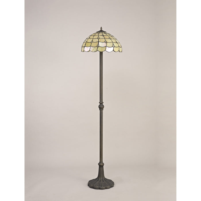 Nelson Lighting NLK00539 Chrisy 2 Light Leaf Design Floor Lamp With 40cm Tiffany Shade Beige/Clear Crystal/Aged Antique Brass