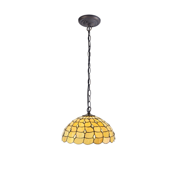 Nelson Lighting NLK00569 Chrisy 1 Light Down Lighter Pendant With 50cm Tiffany Shade Beige/Clear Crystal/Aged Antique Brass