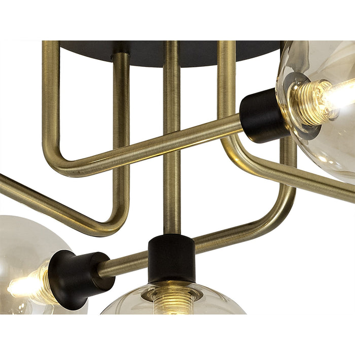 Nelson Lighting NL77309 Dylon Flush Ceiling 5 Light Matt Black/Antique Brass/Cognac Glass