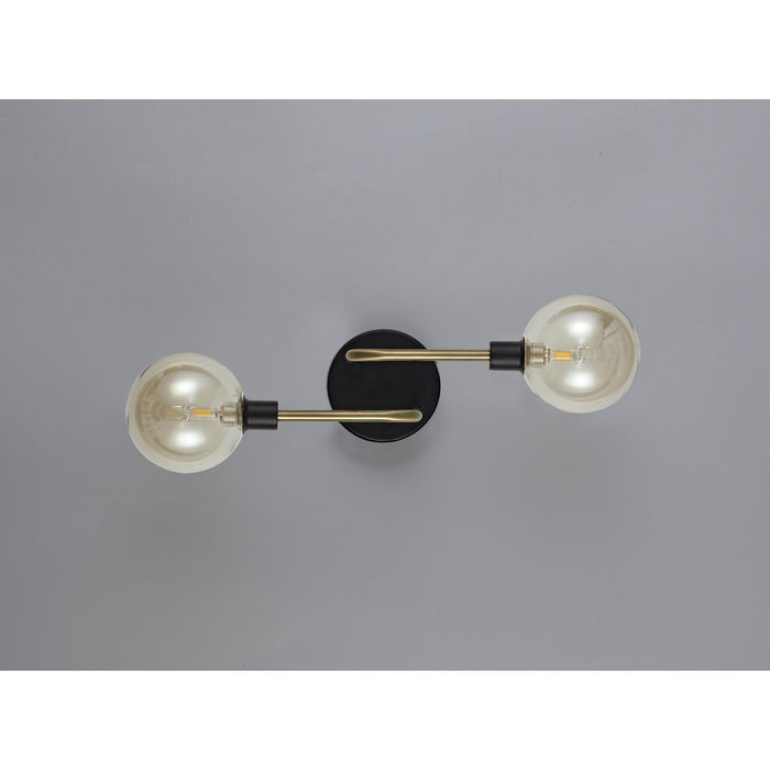 Nelson Lighting NL77339 Dylon Wall Lamp 2 Light Matt Black/Antique Brass/Cognac Glass