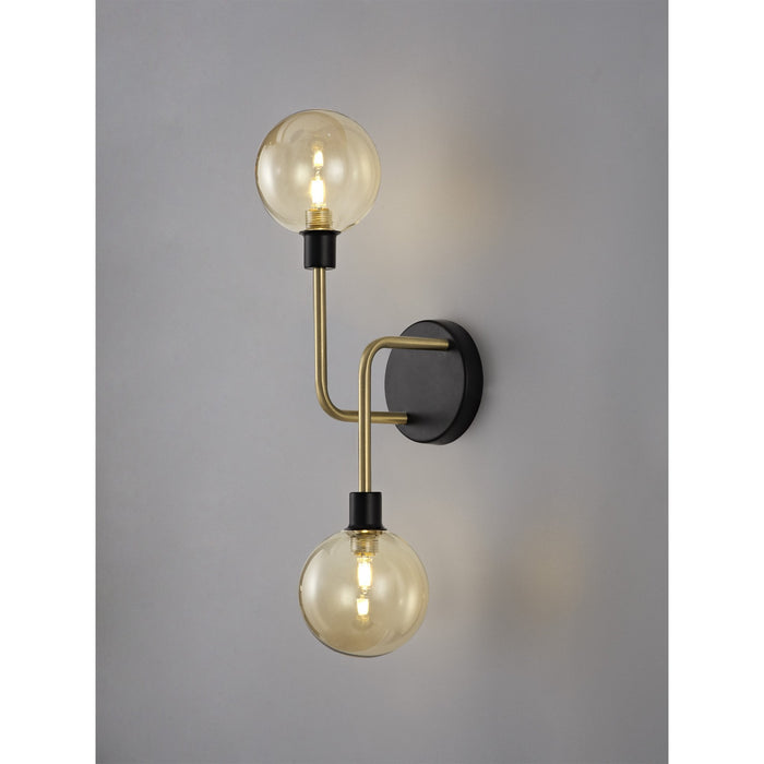 Nelson Lighting NL77339 Dylon Wall Lamp 2 Light Matt Black/Antique Brass/Cognac Glass