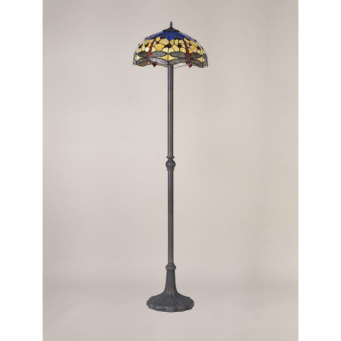 Nelson Lighting NLK00829 Heidi 2 Light Leaf Design Floor Lamp With 40cm Tiffany Shade Blue/Orange/Crystal/Aged Antique Brass