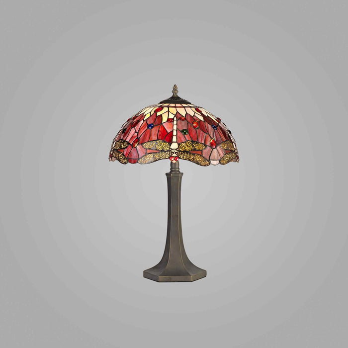 Nelson Lighting NLK00989 Heidi 2 Light Octagonal Table Lamp With 40cm Tiffany Shade Purple/Pink/Crystal/Aged Antique Brass