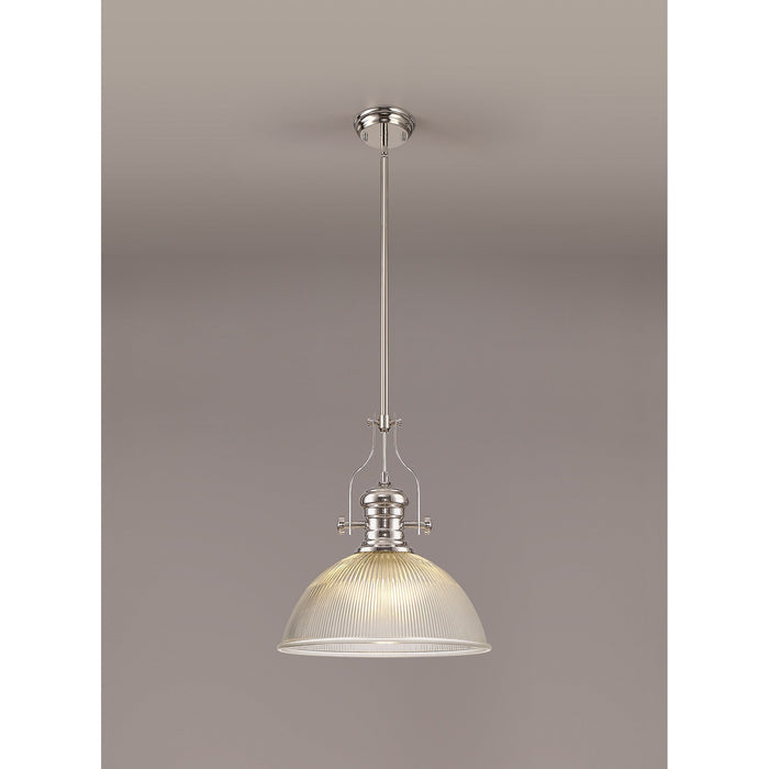 Nelson Lighting NLK01329 Louis 1 Light Telescopic Pendant With 38cm Dome Glass Shade Polished Nickel/Clear