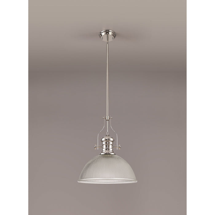 Nelson Lighting NLK01329 Louis 1 Light Telescopic Pendant With 38cm Dome Glass Shade Polished Nickel/Clear